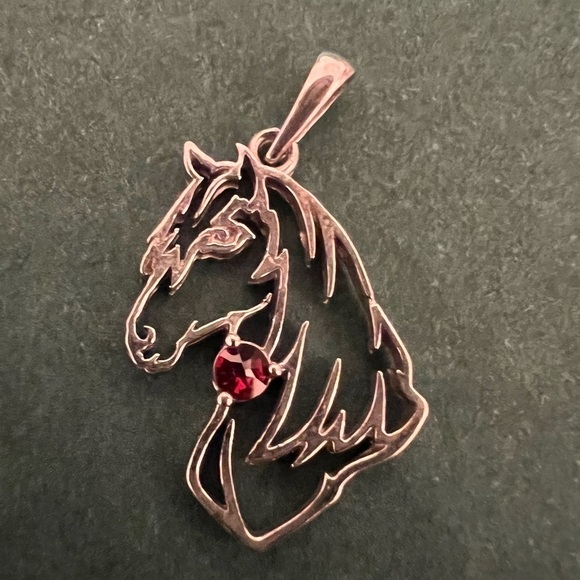 Sterling Silver Horse Pendant Necklace | 925 Italy Chain with Garnet Gemstone - Picture 6 of 16